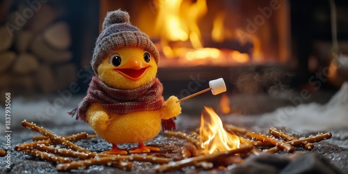 Cute toy chick roasting marshmallows by cozy fireplace during winter