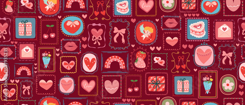 A seamless pattern with cute Valentine's Day elements. Hand-drawn festive background for greeting cards, gift wrapping, and scrapbooks.