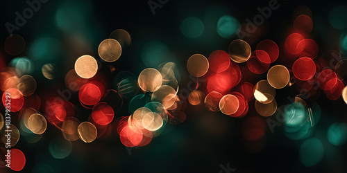 Vibrant bokeh lights in shades of red, green, and gold create a warm festive ambiance, perfect for Christmas and New Year themes with copy space for text