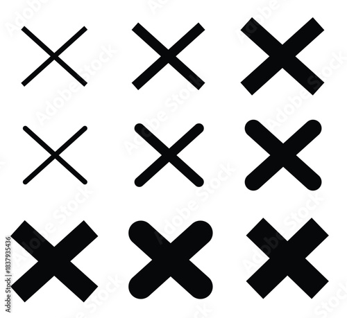 Cross mark icon set. Minimal line and bold X symbols. Sharp and rounded stroke styles. Elements for UI, apps and web interfaces