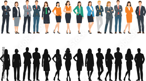 Professional business people standing group portrait, diverse international team of corporate colleagues, men and women wearing formal office suits, full-length vector illustration set