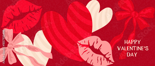 Valentine's Day banner with red and pink lips, hearts, and ribbons. Romantic background for celebrations, advertising, and social media.