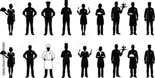 Restaurant staff silhouettes set, chef, waiter, waitress, bartender, server, hotel, hospitality, service, team, people, uniforms, vector, illustration, isolated, on, white, background,
