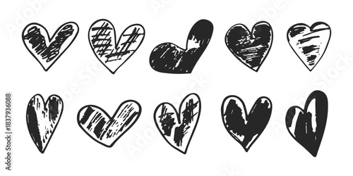 A set of black hand-drawn grunge hearts on a white background for Valentine's Day or to express love and romantic concepts.