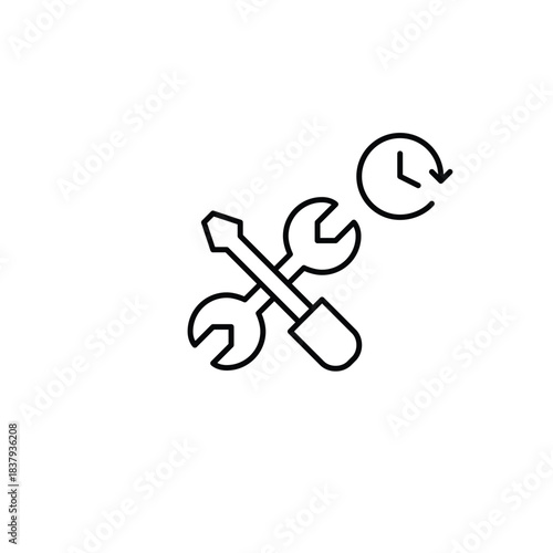 Data synchronisation, timed settings and system renewal. Wrench, screwdriver tools and clock. Pixel perfect, editable stroke vector icon