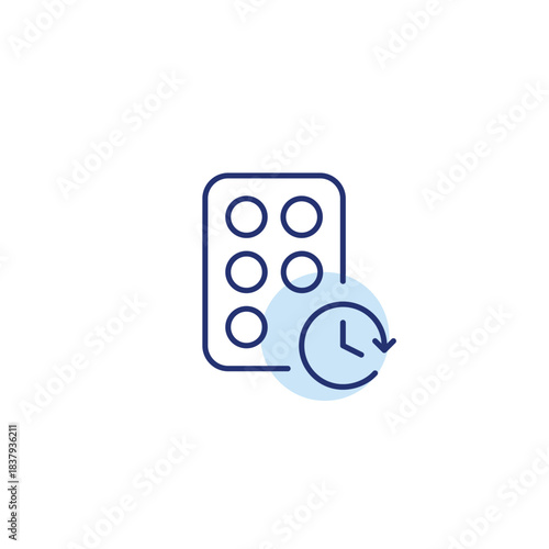 Pills and clock. Scheduled medical prescriptions, alerts, or time-sensitive medication. Pixel perfect, editable stroke vector icon