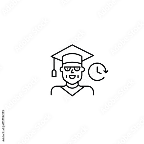 Middle-aged woman wearing graduation hat and clock. University learning, higher education degrees. Opportunities for all ages. Pixel perfect, editable stroke vector icon