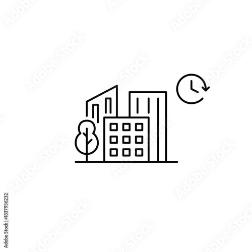 City buildings, tree and clock. Urban planning, time zones. Pixel perfect, editable stroke vector icon.