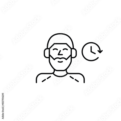 Man in headphones and clock. Timed podcasts and audio listening. Pixel perfect, editable stroke vector icon
