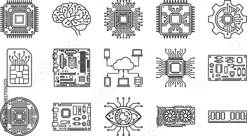 Microchips, Brain, CPU, GPU, Circuit Boards, Cloud Computing, AI, and Big Data Technology Vector Collection