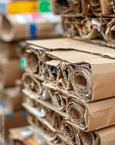 Cardboard close-up with waste management and recycling solutions for environmental conservation. Eco-friendly practices promoting reuse, packaging solutions, and sustainable waste, Generative AI