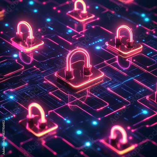 Information technology security with abstract lock designs for software encryption and protection. Neon icons representing server access control, database encryption, and data safety, Generative AI