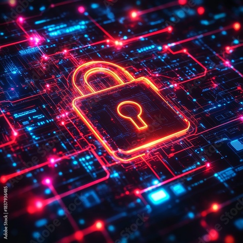 Information technology security with abstract lock designs for software encryption and protection. Neon icons representing server access control, database encryption, and data safety, Generative AI
