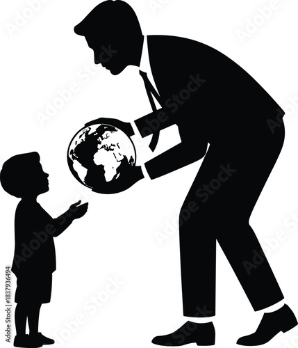Adult man in silhouette offers the globe to a small child in silhouette