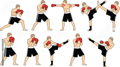 Set of Ten Kickboxing and Boxing Fighter Figures in Various Dynamic Action Poses, Including Punches, Blocks, and High Kicks, Martial Arts, Sport, and Competition Vector Illustration Isolated 