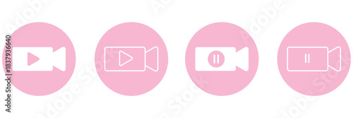 Flat vector illustration, media icons, video symbols, play button, pause icon, camera graphic, film reel, clapperboard icon, video player, streaming design