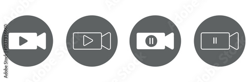 Flat vector illustration, media icons, video symbols, play button, pause icon, camera graphic, film reel, clapperboard icon, video player, streaming design