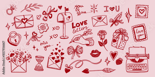 Love letter set for valentines day design vector illustration in hand drawn outline. Red on pink adds a cute romantic mood. Good for card and holiday background. Suitable for simple invitation ideas.