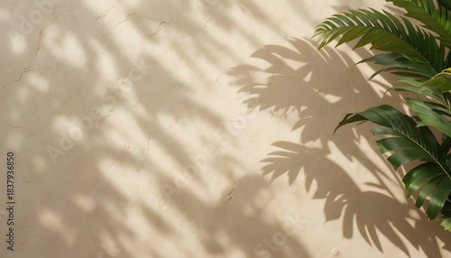 Elegant beige-brown stucco wall with smooth texture and soft tropical leaf shadows creating luxurious ambiance