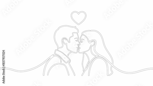 A continuous line art drawing depicting a loving couple sharing a kiss with a heart above them, symbolizing romance and affection.