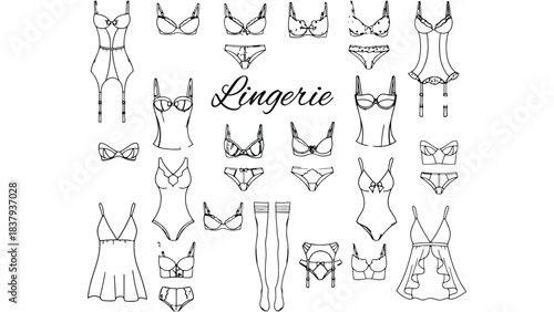 Line art drawing of lingerie collection on white background pattern