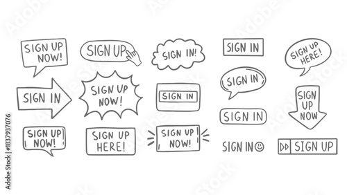 Collection of hand drawn sign up and sign in buttons on white background