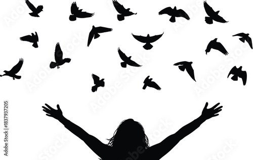 Silhouette of Woman with Arms Raised Towards Sky, Releasing or Welcoming a Flock of Flying Birds, Symbolizing Freedom, Spirituality, Hope, Nature, and Achieving Inner Peace and Happiness