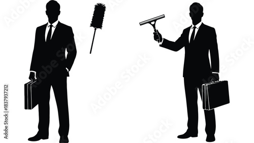 Silhouettes of men in suits with cleaning tools on a white background