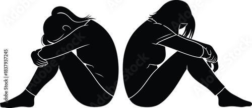 Silhouettes of Two Sad Women Sitting with Heads Down and Knees Hugged, Back-to-Back, Illustrating Concepts of Depression, Anxiety, Emotional Pain, Loneliness, and Mental Health Struggles