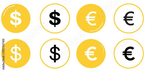 Dollar and euro financial icon illustration, showing online payment symbols, digital wallet graphics, currency signs, and earnings coin visuals, suitable for banking, finance, and economic design
