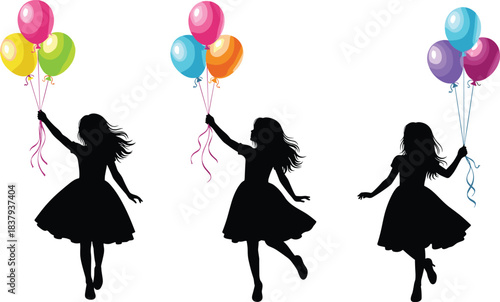 Three black silhouettes of little girls happily holding colorful bunches of floating balloons, symbolizing childhood joy, celebration, party fun, freedom, innocence, and happiness