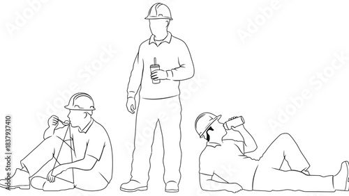 Three construction workers taking a break and having drinks outline art