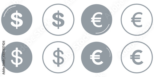 Dollar and Euro Currency Icon Set – Minimalist Financial Symbols, Money Graphics, Banking and Economic Vector Illustration, Currency Signs, Financial App Icons, Economic Infographics, Clean Vector Des