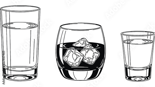Three glasses with different liquids and ice cubes line art drawing
