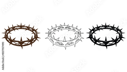 Three crown of thorns illustrations on a white background isolated