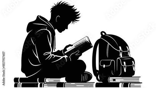 Silhouette of boy reading book with backpack and books on white background