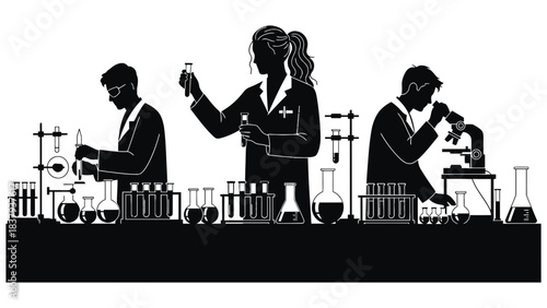 Three scientists working in a laboratory with various test tubes and tools