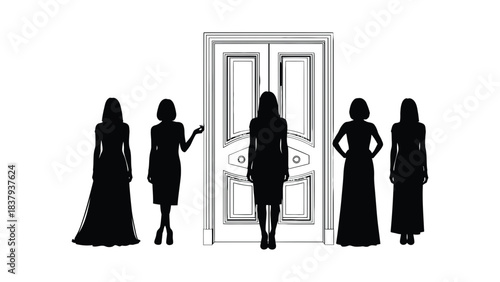 Silhouettes of women in dresses standing near a double door outline
