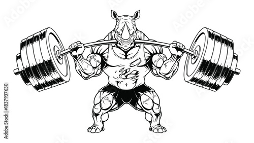 A muscular rhino lifting a barbell in a black and white illustration