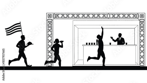 Silhouetted runners at an event with booth and american flag carrier
