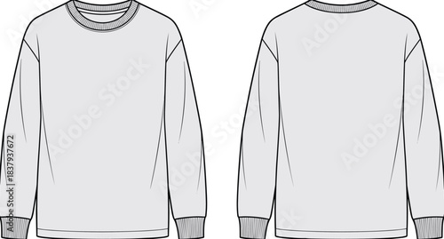 Unisex basic crew neck sweatshirt technical fashion flat sketch template, oversized long sleeve pullover with ribbed collar, cuffs, and bottom hem illustration.