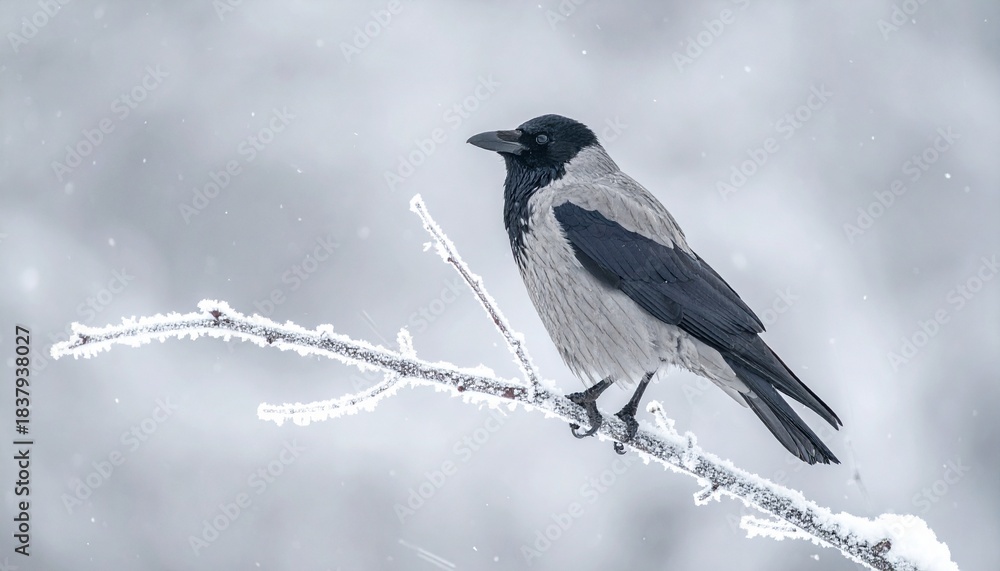 Fototapeta premium Grey crow sitting on frozen tree branch in falling snow, cold winter.