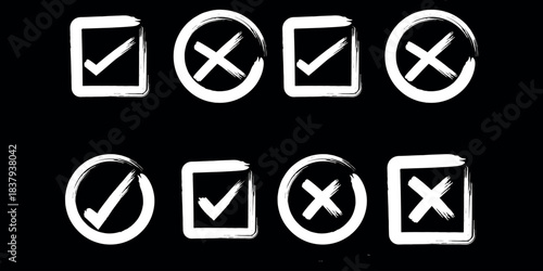 Check tick mark icon set. Cross box x check mark checkbox v list vector draw hand drawn sketch doodle brush marker checklist symbol wrong right circle. Vector Illustration
