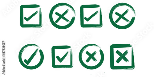 
Check tick mark icon set. Cross box x check mark checkbox v list vector draw hand drawn sketch doodle brush marker checklist symbol wrong right circle. Vector Illustration
