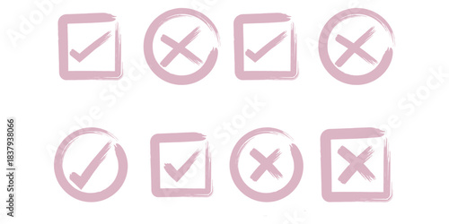 Check tick mark icon set. Cross box x check mark checkbox v list vector draw hand drawn sketch doodle brush marker checklist symbol wrong right circle. Vector Illustration