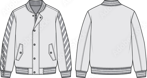 Unisex varsity bomber jacket technical fashion flat sketch template, contrasting striped sleeves, ribbed collar, cuffs, and hem, press stud button closure.