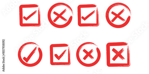 
Check tick mark icon set. Cross box x check mark checkbox v list vector draw hand drawn sketch doodle brush marker checklist symbol wrong right circle. Vector Illustration