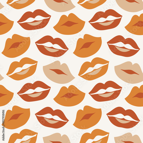 Seamless Pattern Featuring Pairs of Kissing Lips in Warm Earthy Tones for Fashion Blogs, Beauty Websites, Product Packaging, Social Media Content, and Graphic Design Projects