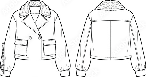 Women's cropped bomber jacket technical fashion flat sketch template, oversized notched faux fur collar, double-breasted buttons, and balloon long sleeves detail.