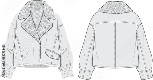 Women's cropped aviator jacket technical fashion flat sketch template, oversized notched shearling collar, wide cuff straps, and front buttoned patch pockets detail.